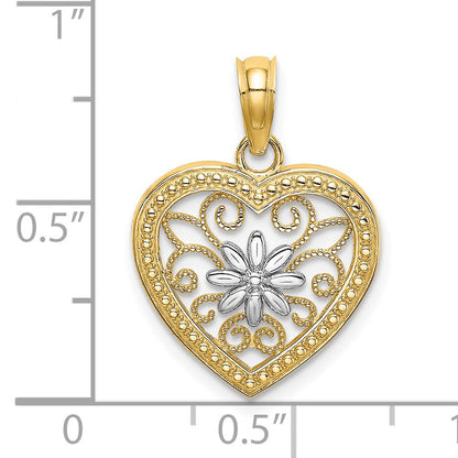 14k and White Rhodium Textured Flower Filigree Heart Charm