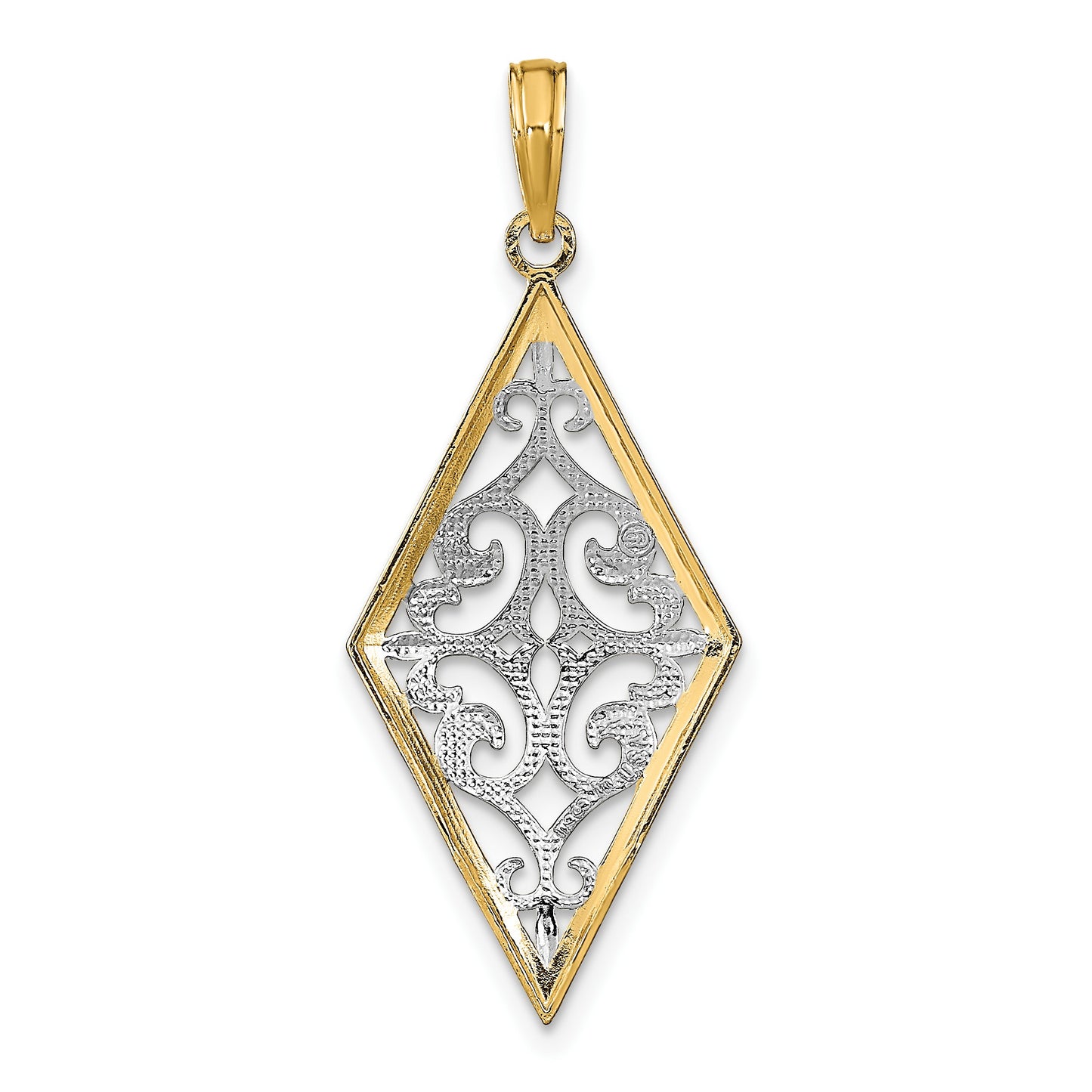 14k and White Rhodium Diamond-Shape Cut-Out Filigree Charm