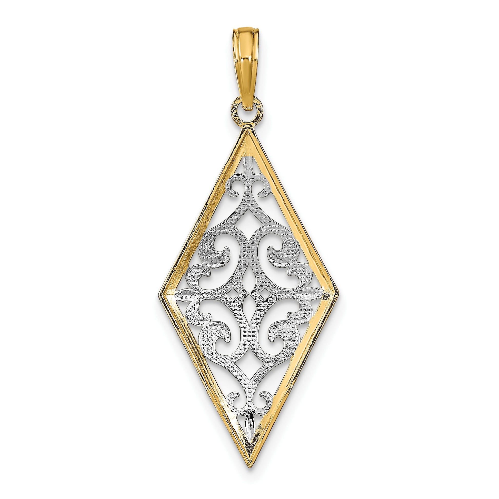 14k and White Rhodium Diamond-Shape Cut-Out Filigree Charm