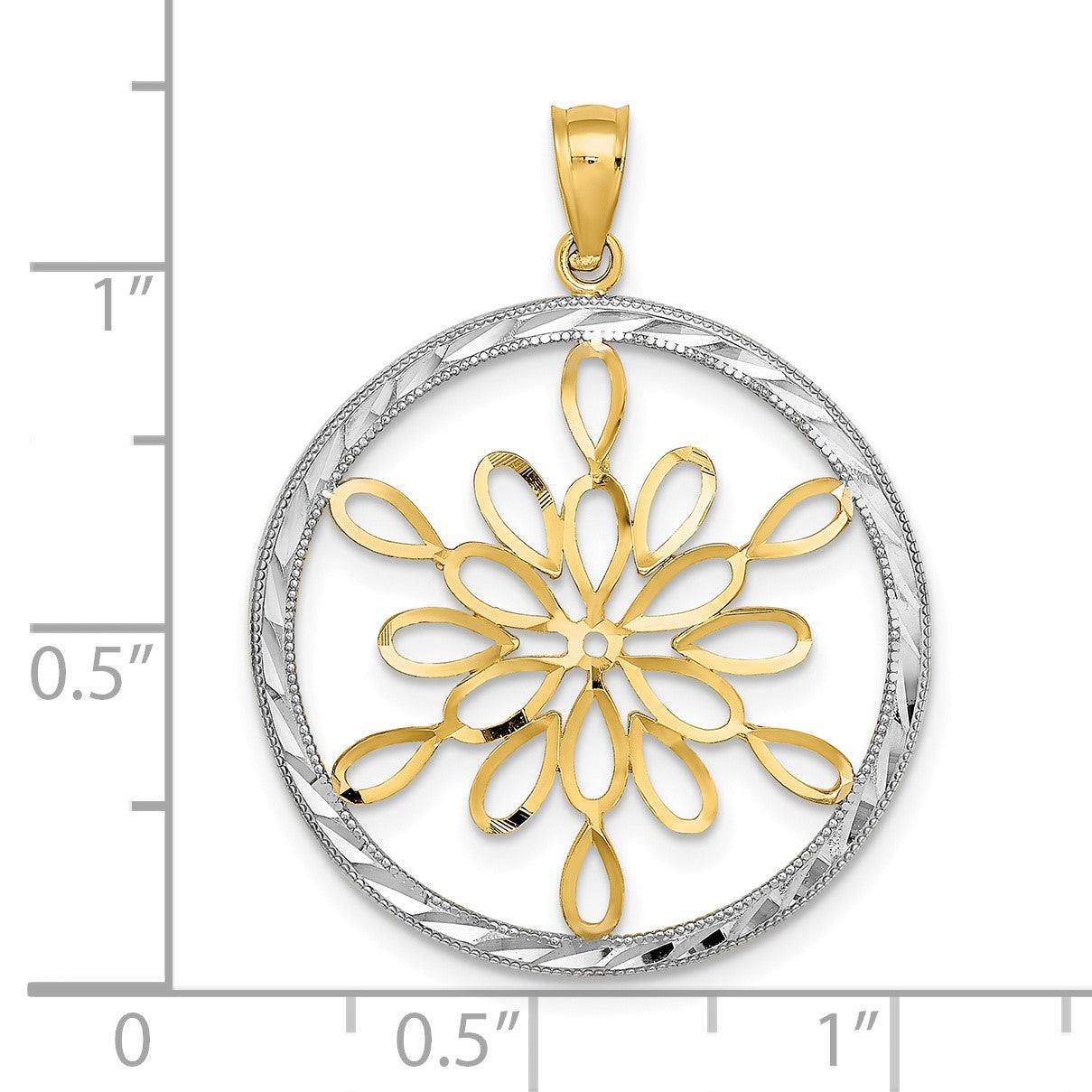14K and White Rhodium Diamond-cut Circle Snowflake Charm