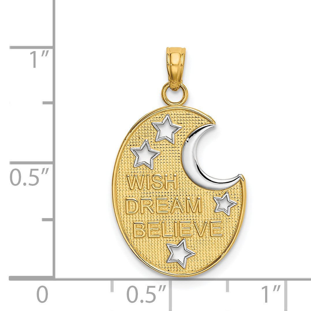 14k and White Rhodium WISH DREAM BELIEVE Moon and Stars Charm