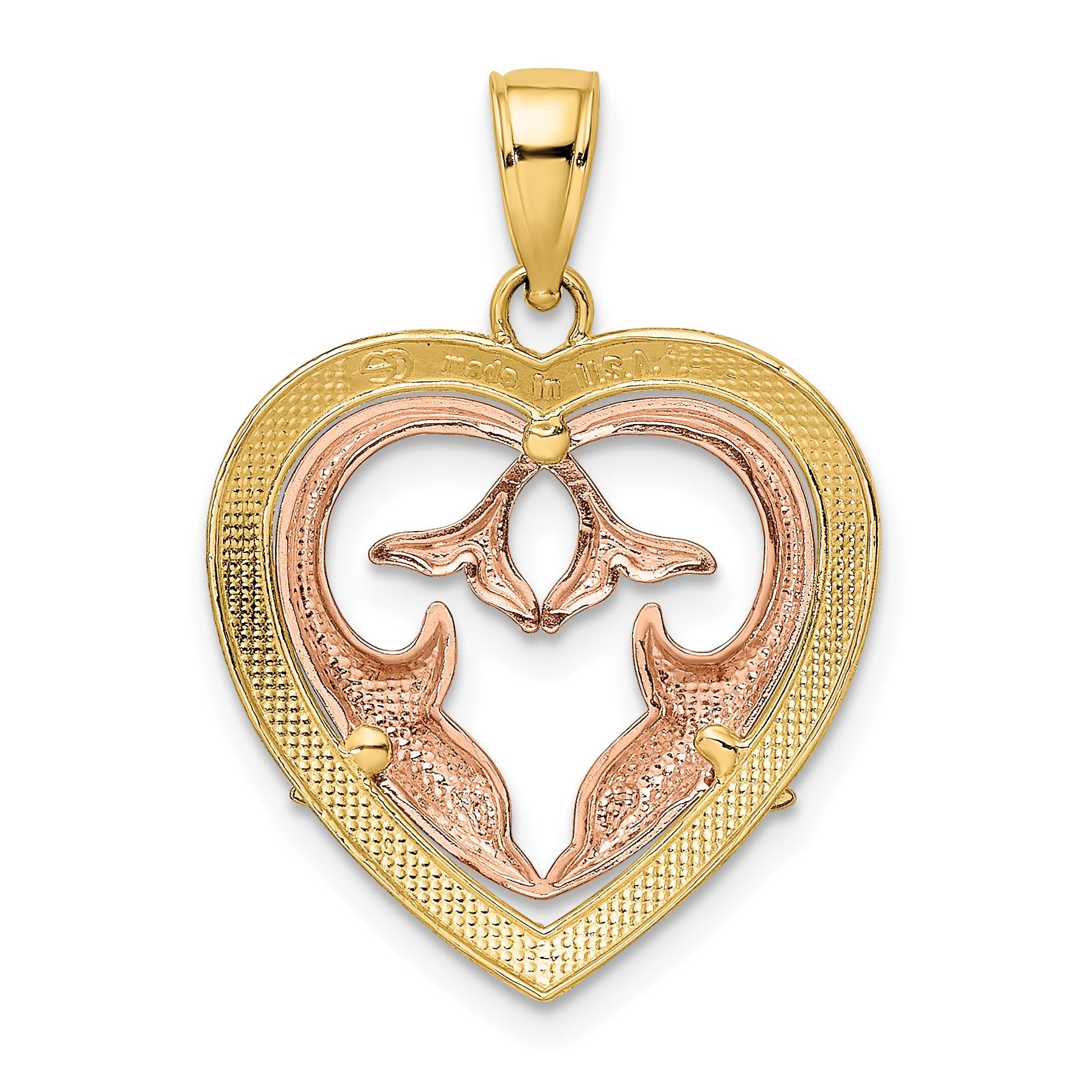 14K Two-Tone with White Rhodium Dolphins In Heart Frame Charm
