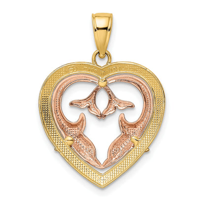 14K Two-Tone with White Rhodium Dolphins In Heart Frame Charm