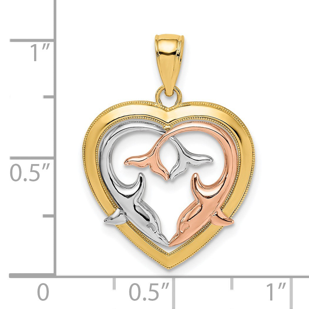 14K Two-Tone with White Rhodium Dolphins In Heart Frame Charm