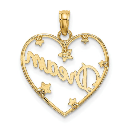 14k and White Rhodium Diamond-cut DREAM Heart with Stars Charm