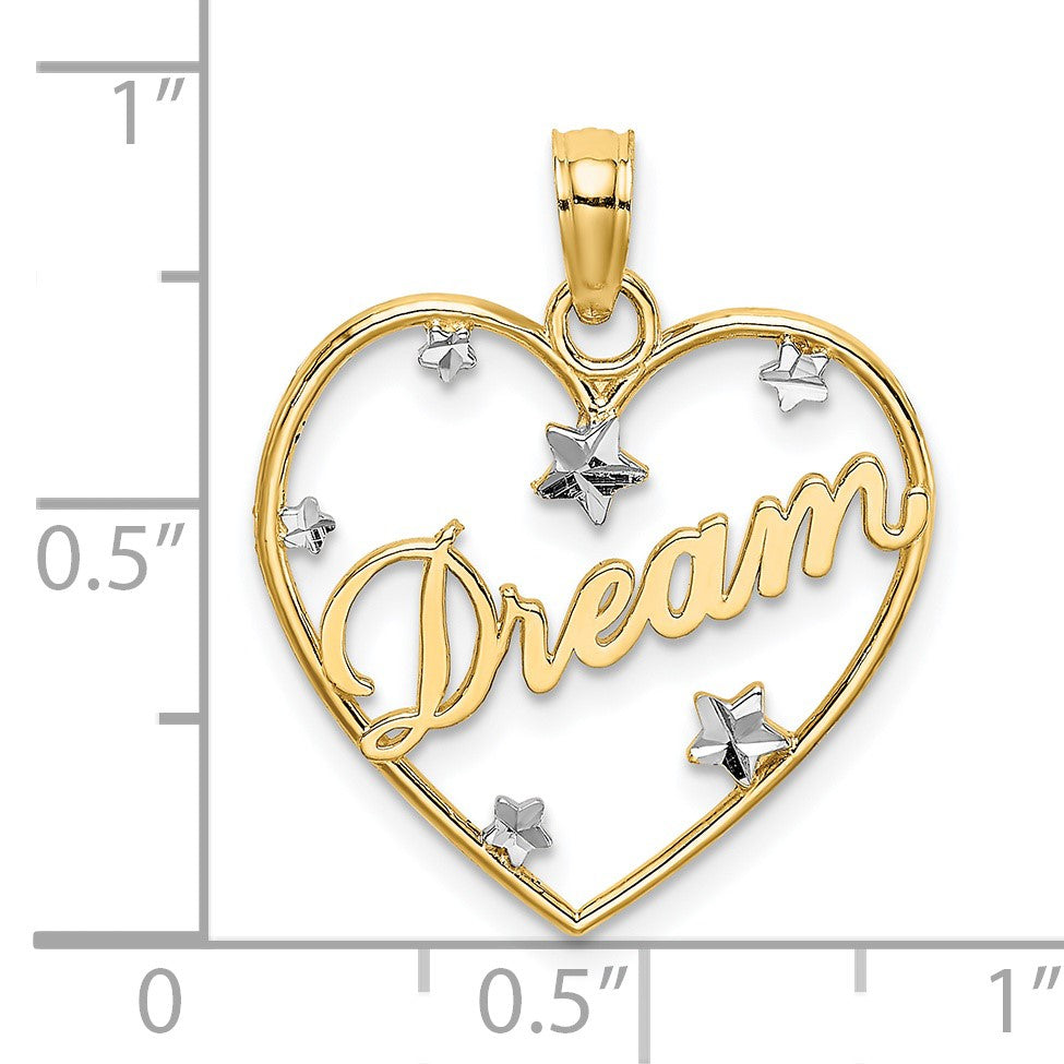 14k and White Rhodium Diamond-cut DREAM Heart with Stars Charm