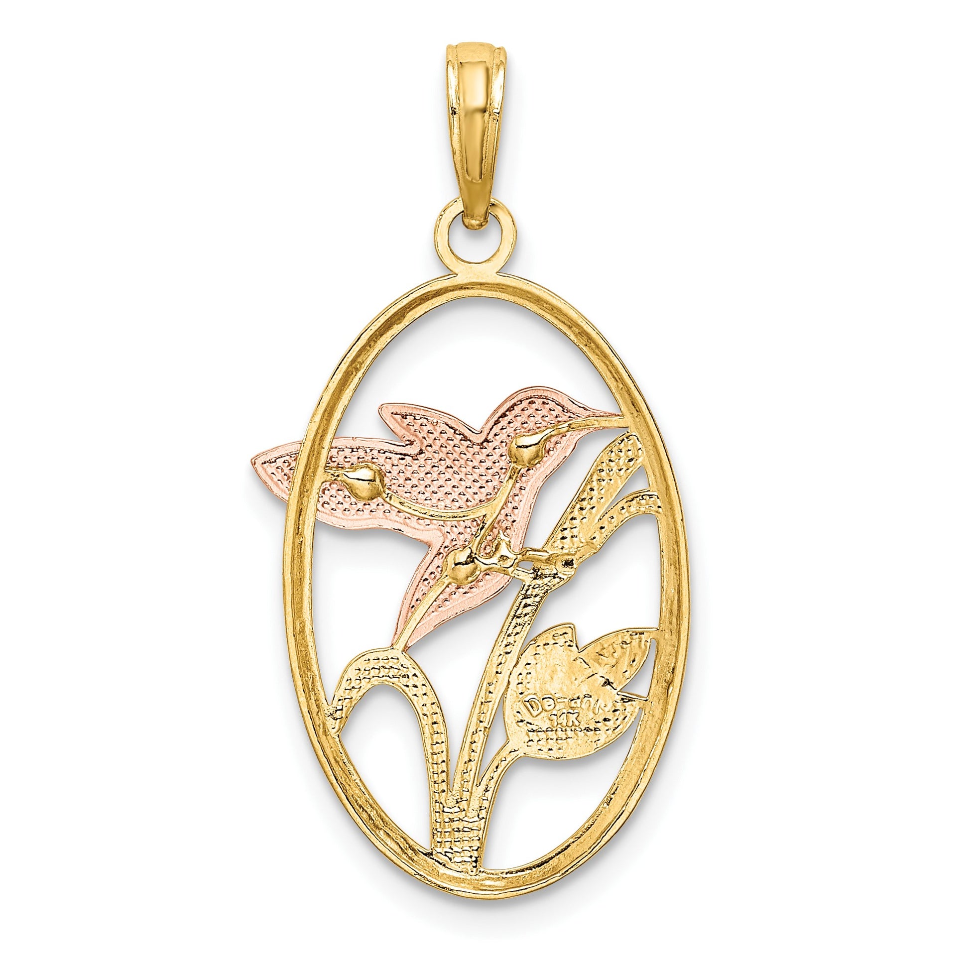 14k Two-tone with White Rhodium Hummingbird and Flowers In Oval Frame Charm