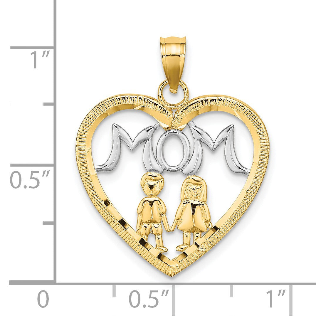 14k with White Rhodium MOM Heart with 2 Kids Charm