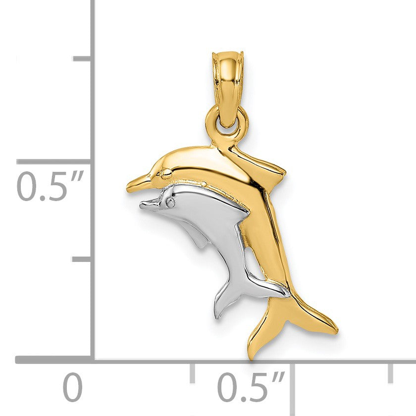 14K and White Rhodium 2-D Polished Dolphins Charm