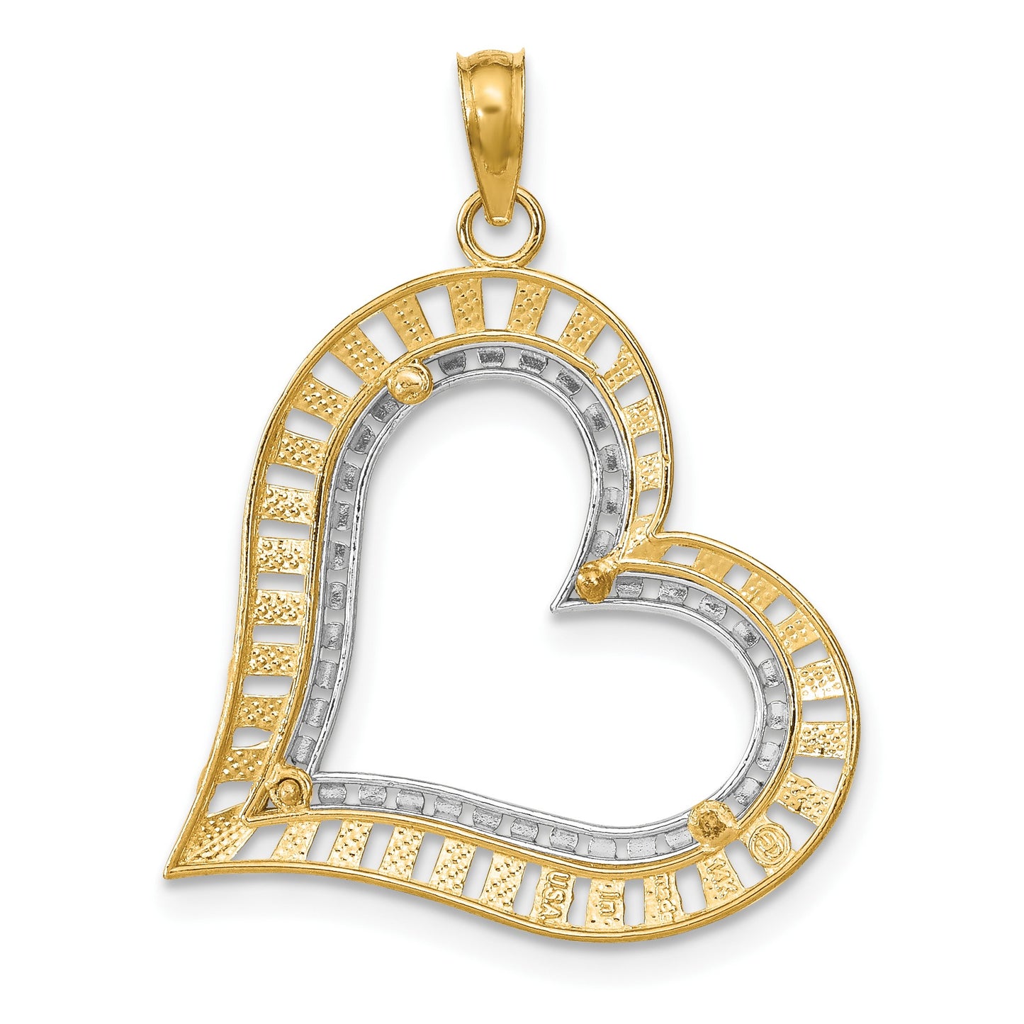 14k and White Rhodium Diamond-cut Large Tilted Heart Charm