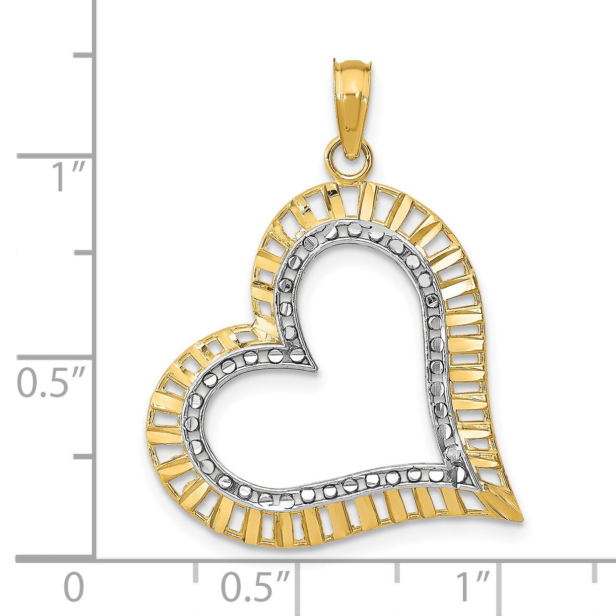 14k and White Rhodium Diamond-cut Large Tilted Heart Charm
