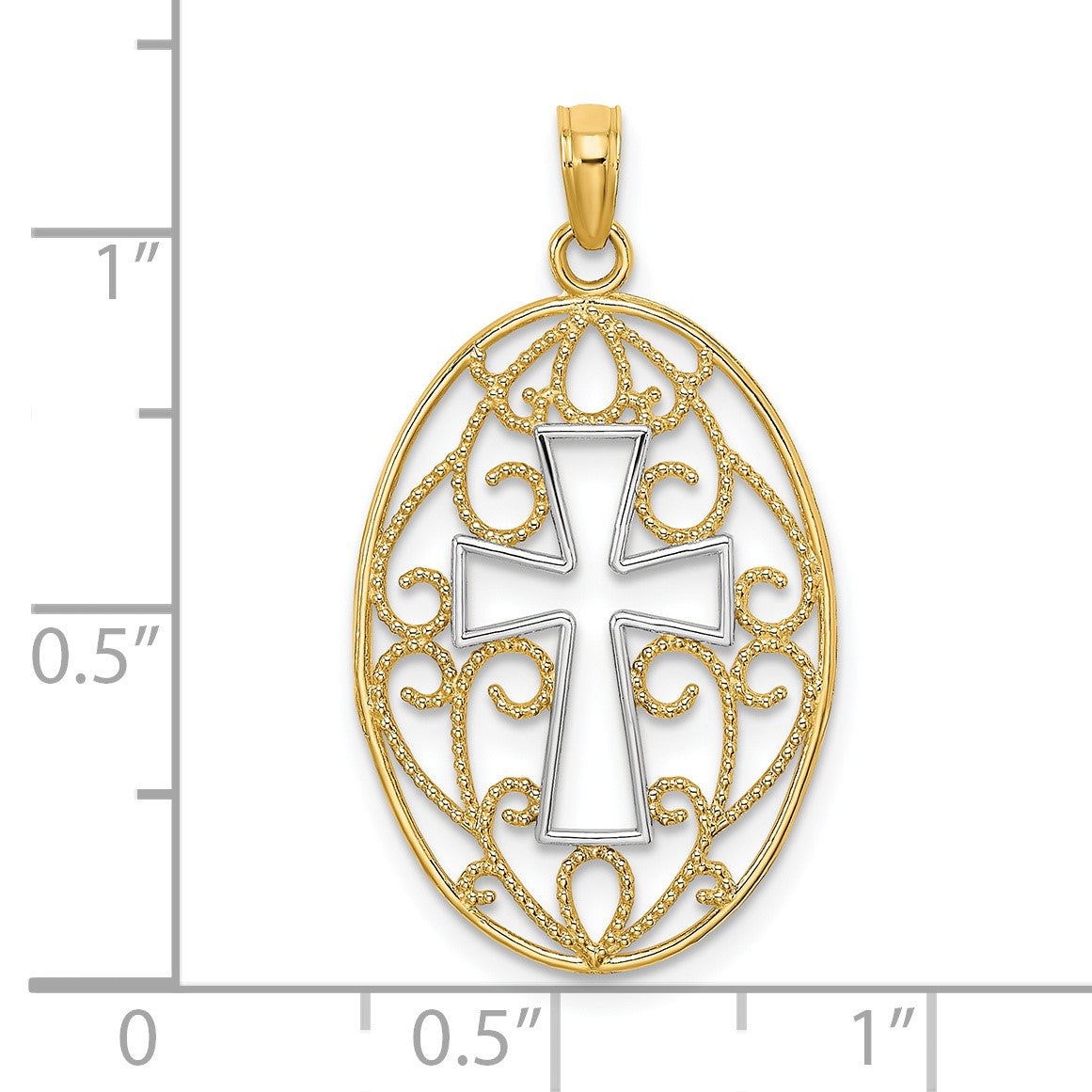 14K with White Rhodium Beaded Filigree Cross Charm