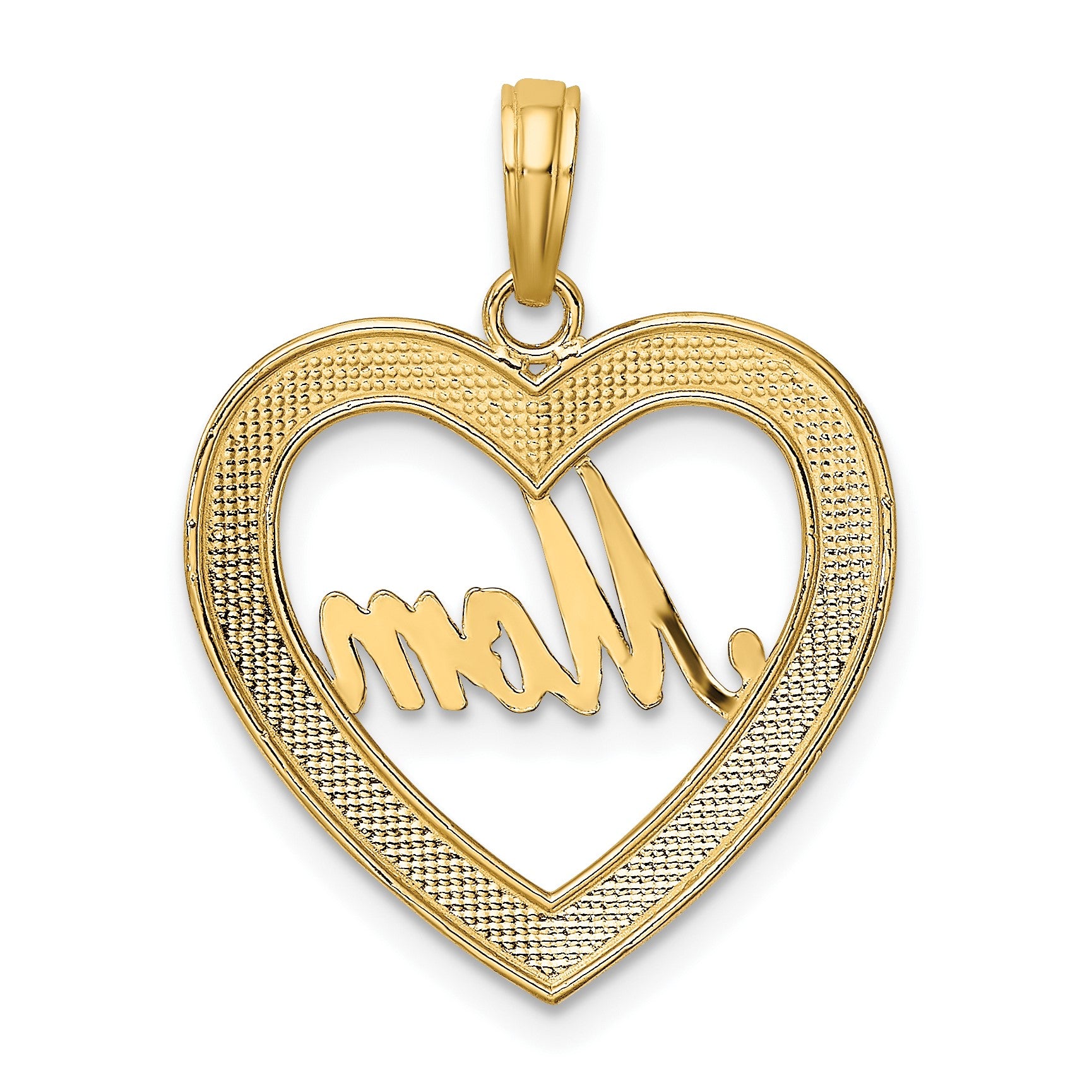 14k with White Rhodium Diamond-cut MOM Heart Charm