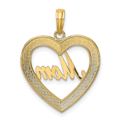 14k with White Rhodium Diamond-cut MOM Heart Charm