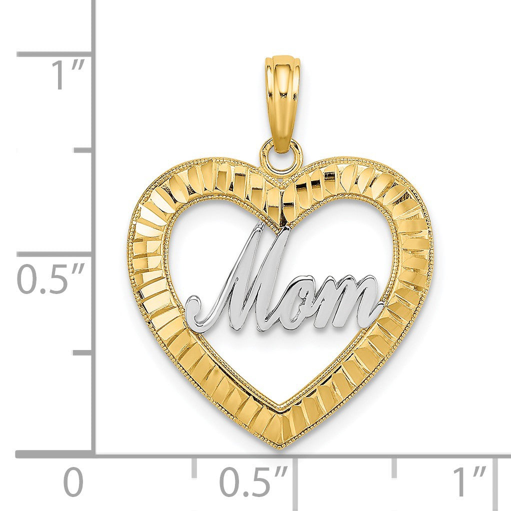 14k with White Rhodium Diamond-cut MOM Heart Charm