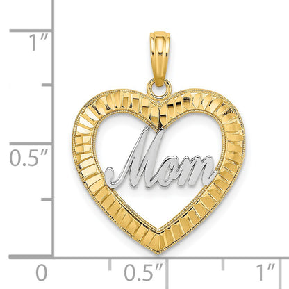 14k with White Rhodium Diamond-cut MOM Heart Charm