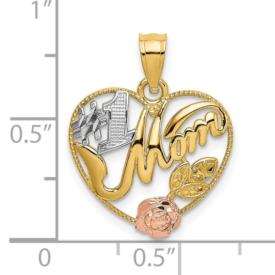 14k Two-tone with White Rhodium #1 MOM with Flower Heart Charm