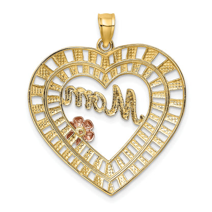 14k Two-tone with White Rhodium Diamond-cut MOM with Flower Heart Charm