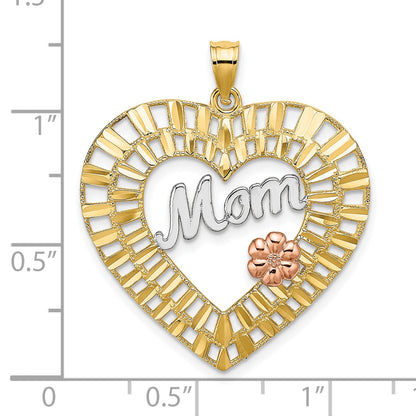 14k Two-tone with White Rhodium Diamond-cut MOM with Flower Heart Charm