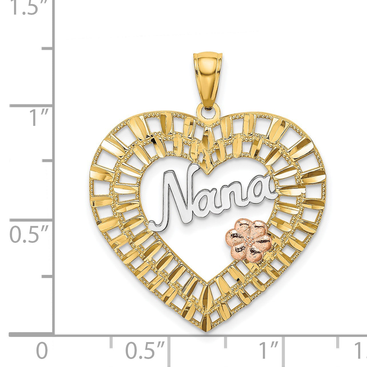 14k Two-tone with White Rhodium NANA Heart with Flowers Charm