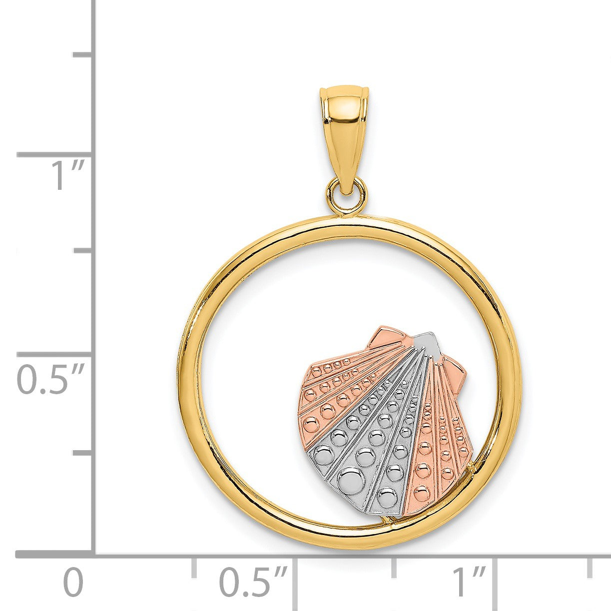 14K Two-tone and White Rhodium Scallop Shell In Circle Charm