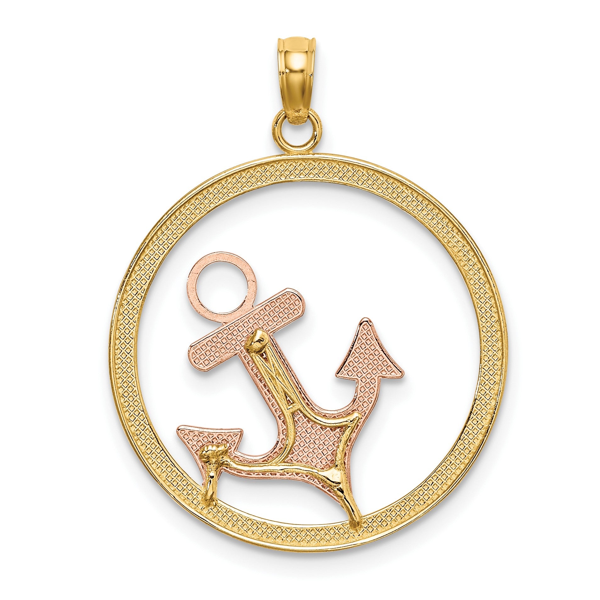 14K Two-tone with White Rhodium Anchor In Circle Charm