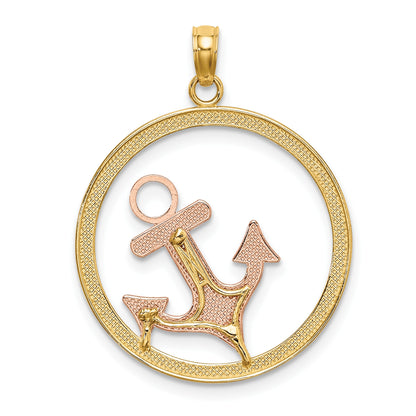 14K Two-tone with White Rhodium Anchor In Circle Charm