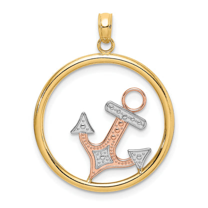 14K Two-tone with White Rhodium Anchor In Circle Charm
