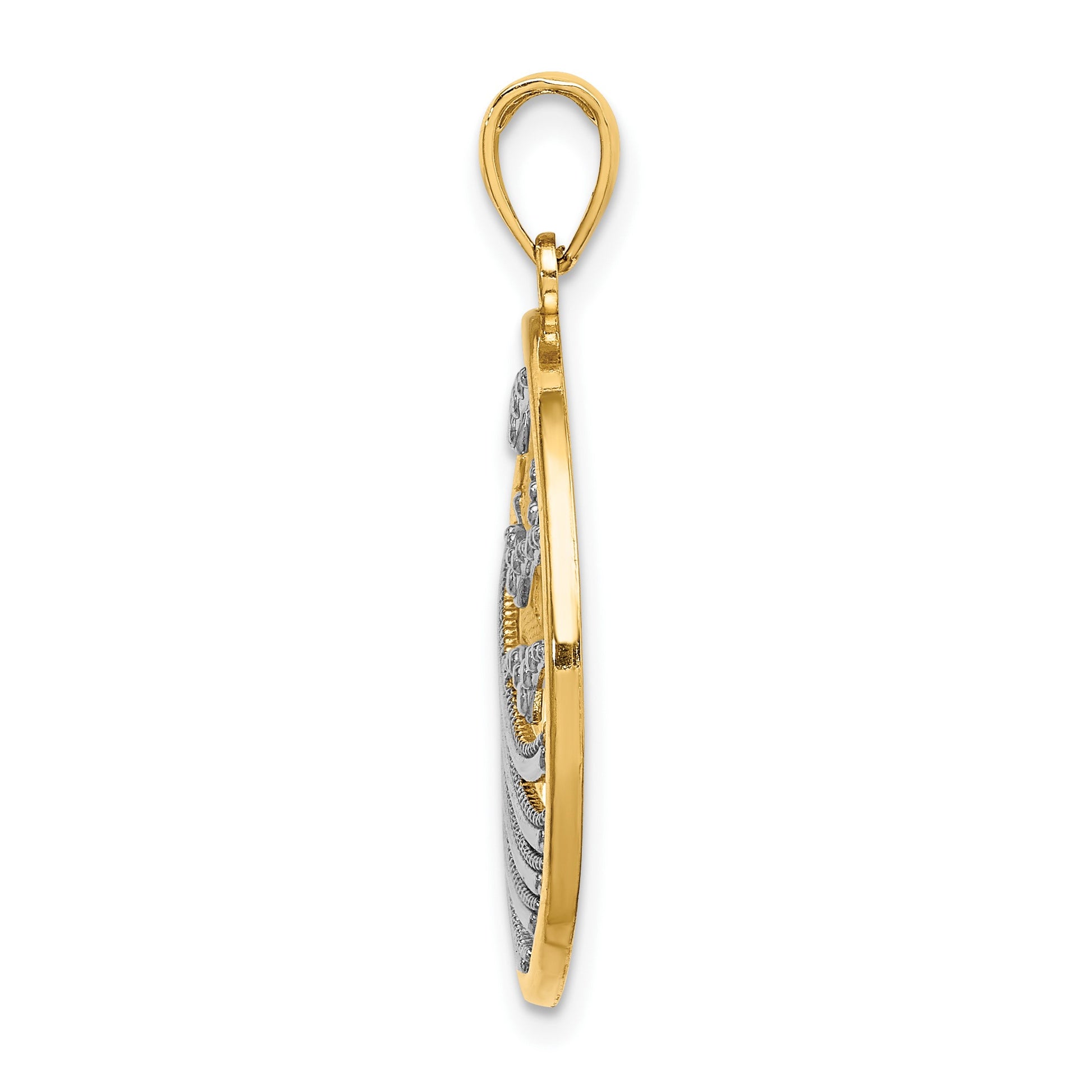 14k and White Rhodium Sunset and Seagulls In Circle Pendant