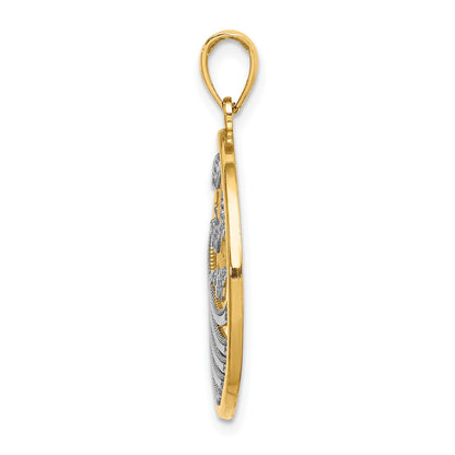 14k and White Rhodium Sunset and Seagulls In Circle Pendant