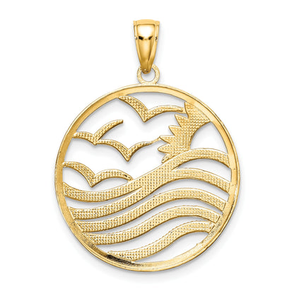 14k and White Rhodium Sunset and Seagulls In Circle Pendant