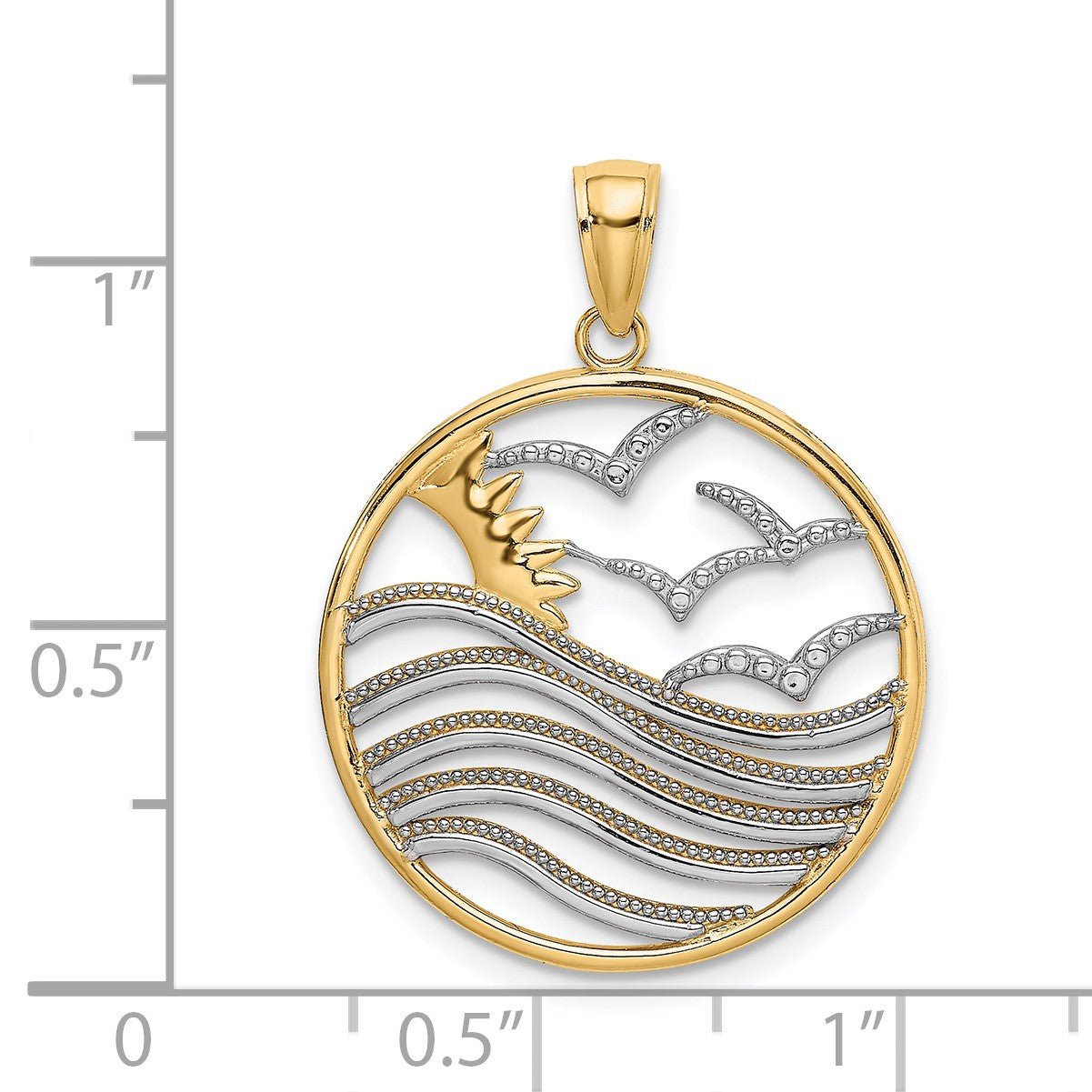 14k and White Rhodium Sunset and Seagulls In Circle Pendant