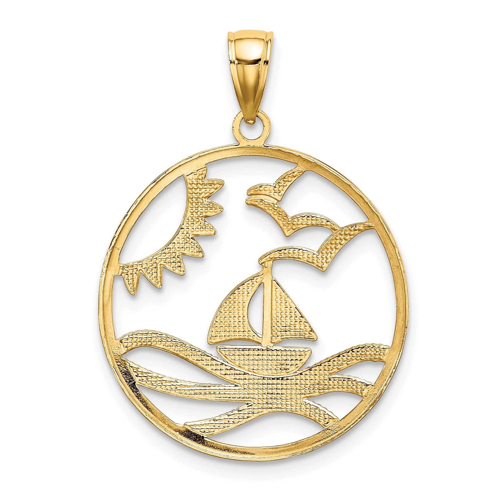 14k and White Rhodium Sun/Sailboat/Water/Seagulls in Circle Charm