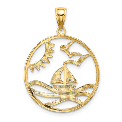 14k and White Rhodium Sun/Sailboat/Water/Seagulls in Circle Charm