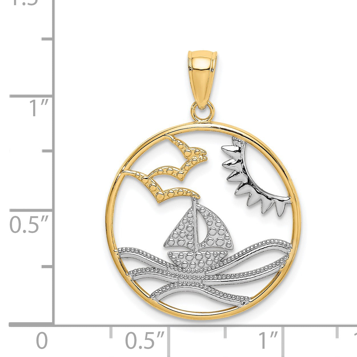 14k and White Rhodium Sun/Sailboat/Water/Seagulls in Circle Charm
