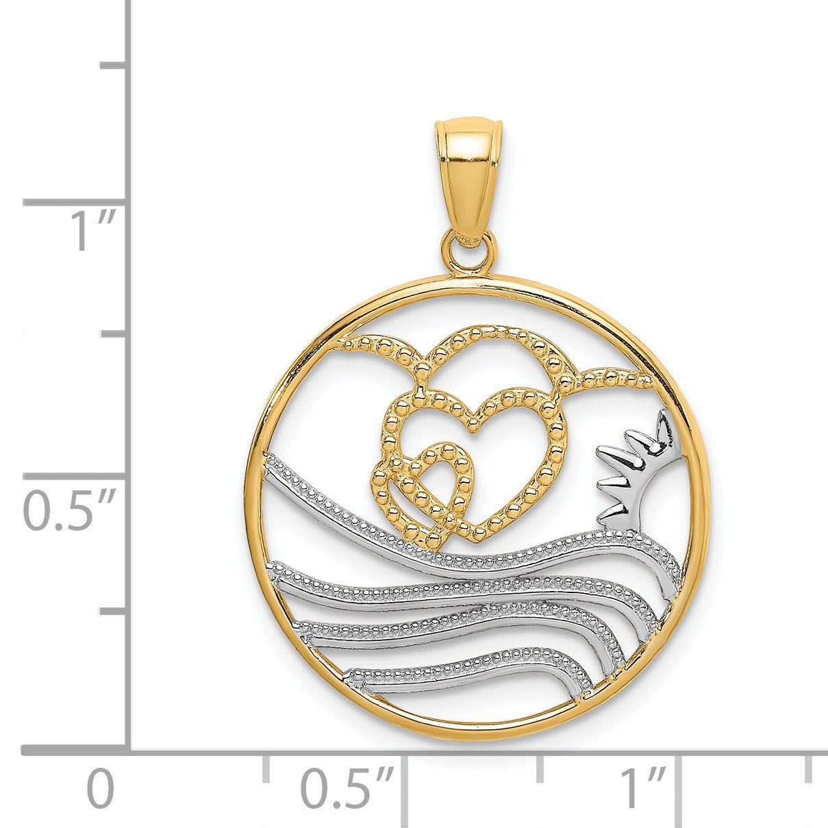 14k and White Rhodium Sunset/Hearts/Water in Circle Charm