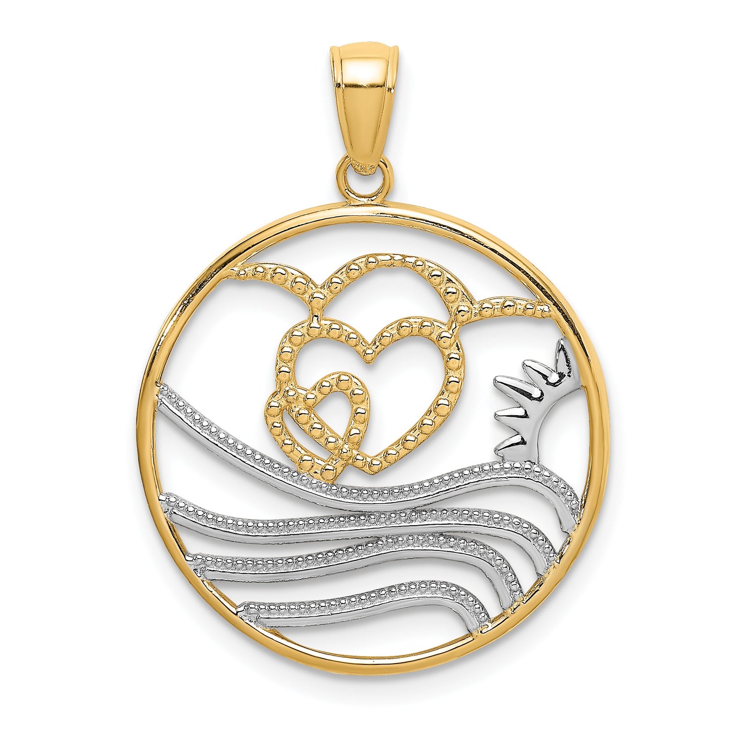 14k and White Rhodium Sunset/Hearts/Water in Circle Charm