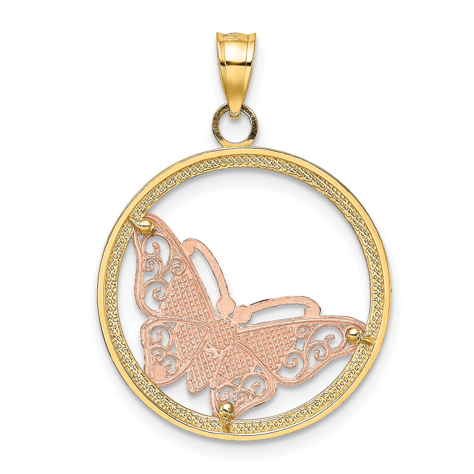 14k Two-tone with White Rhodium Butterfly In Round Frame Charm