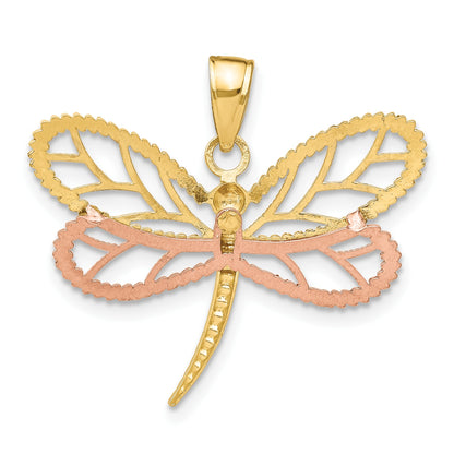 14k Two-tone with White Rhodium Dragonfly with Beaded Diamond-cut Wings Charm