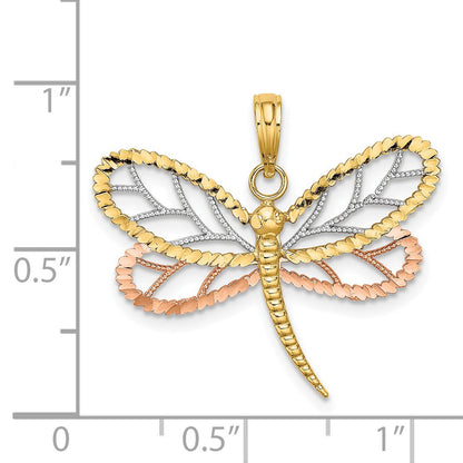 14k Two-tone with White Rhodium Dragonfly with Beaded Diamond-cut Wings Charm