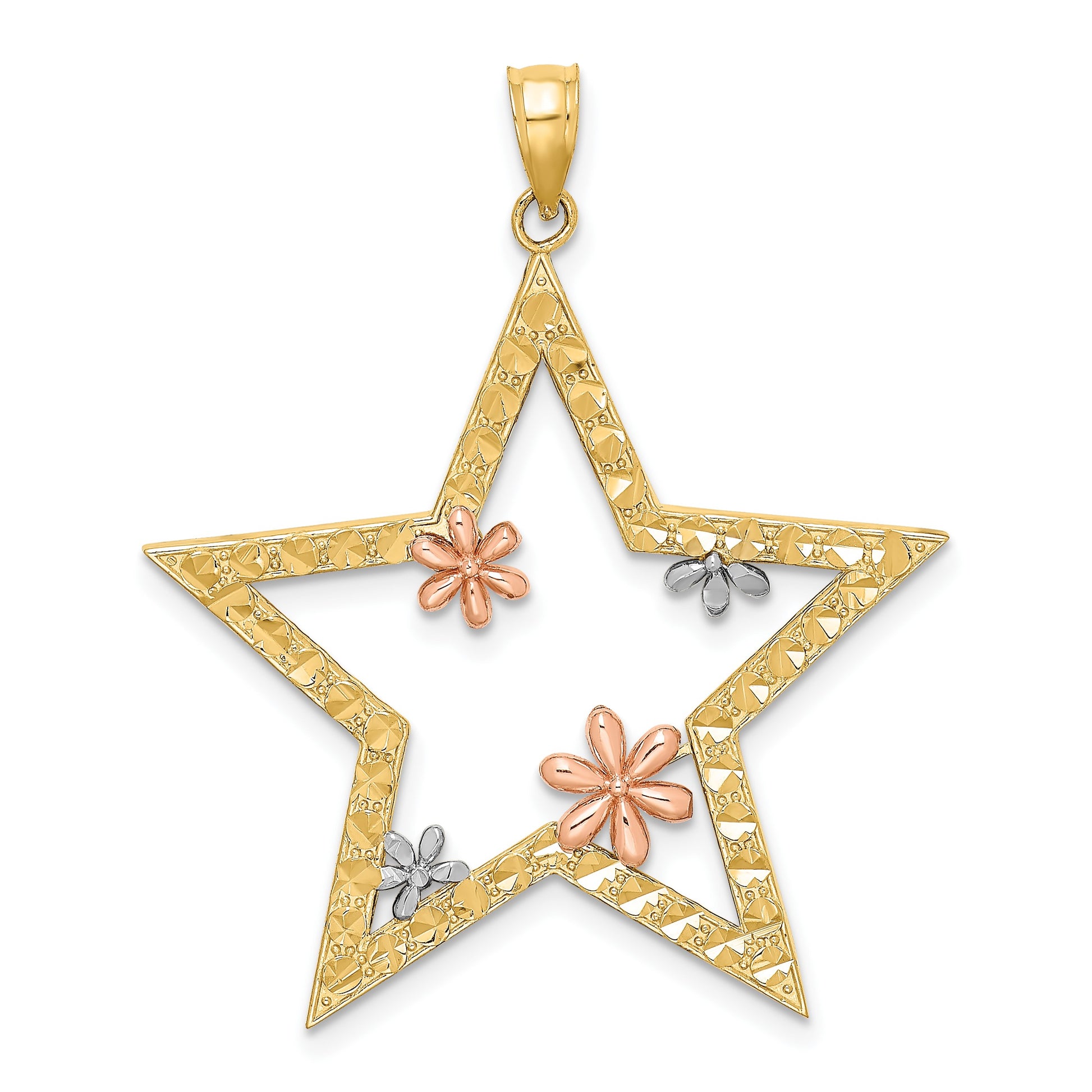 14k Two-tone with White Rhodium Star with Flowers Pendant