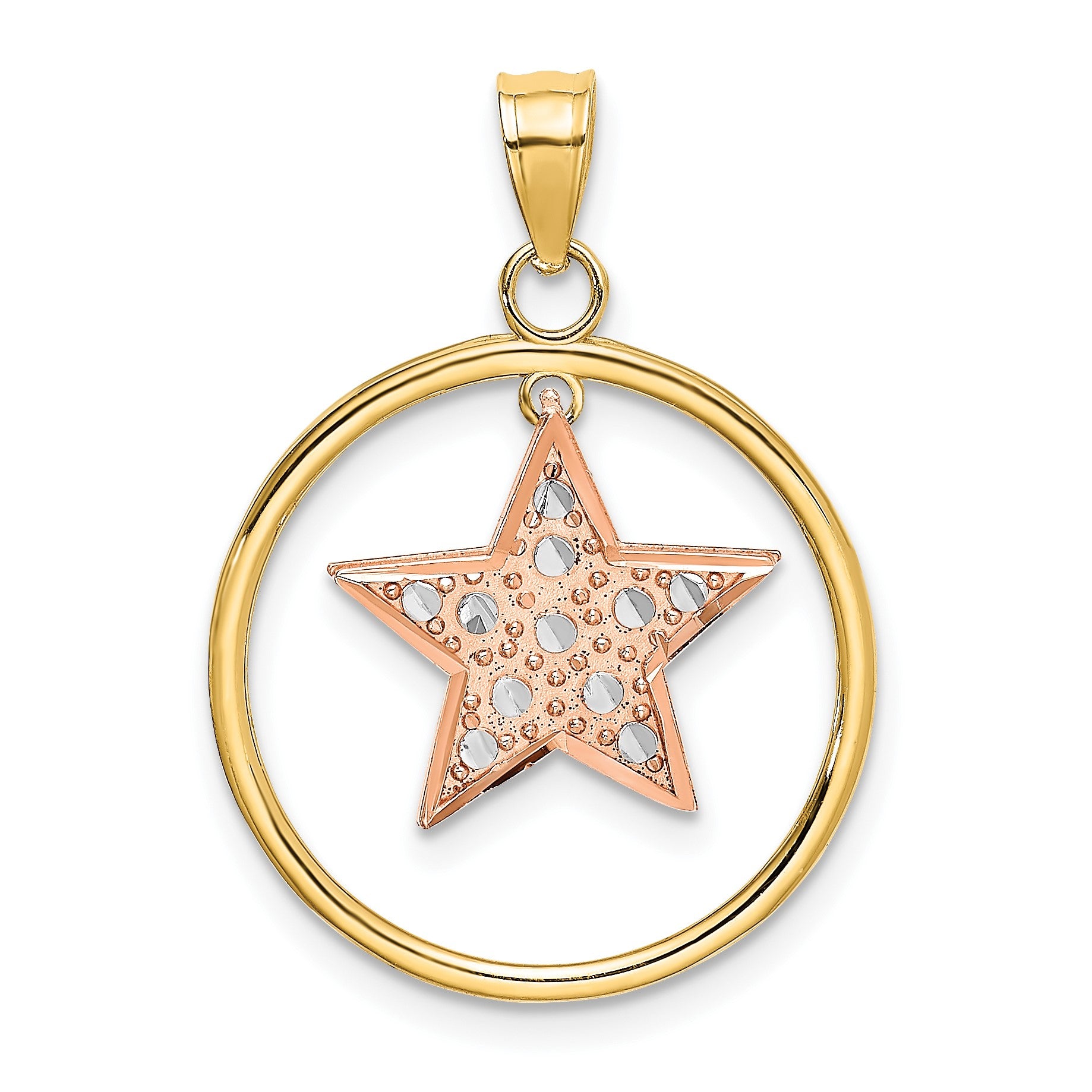 14k Two-tone with White Rhodium Star Dangle in Circle Moveable Charm