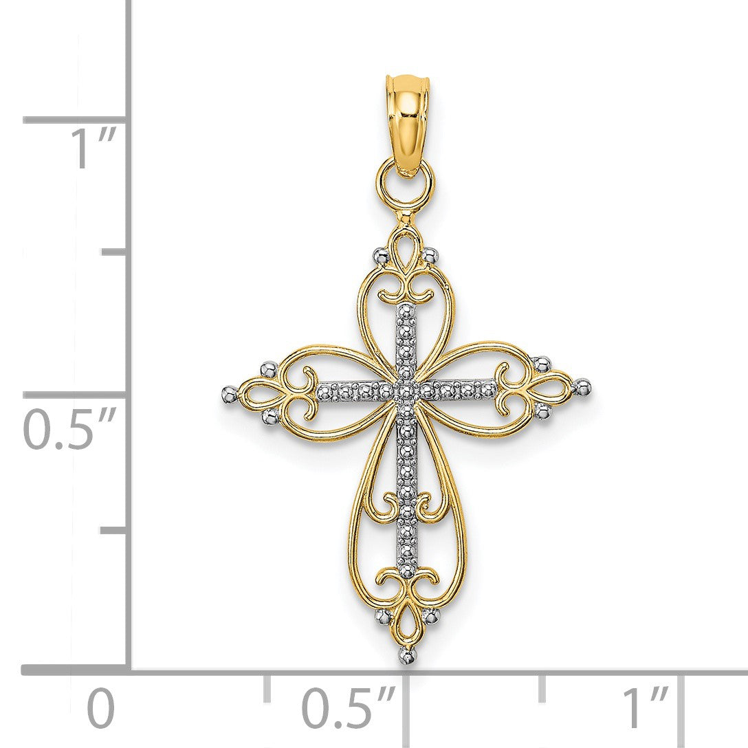 14K with White Rhodium Beaded Cross Charm