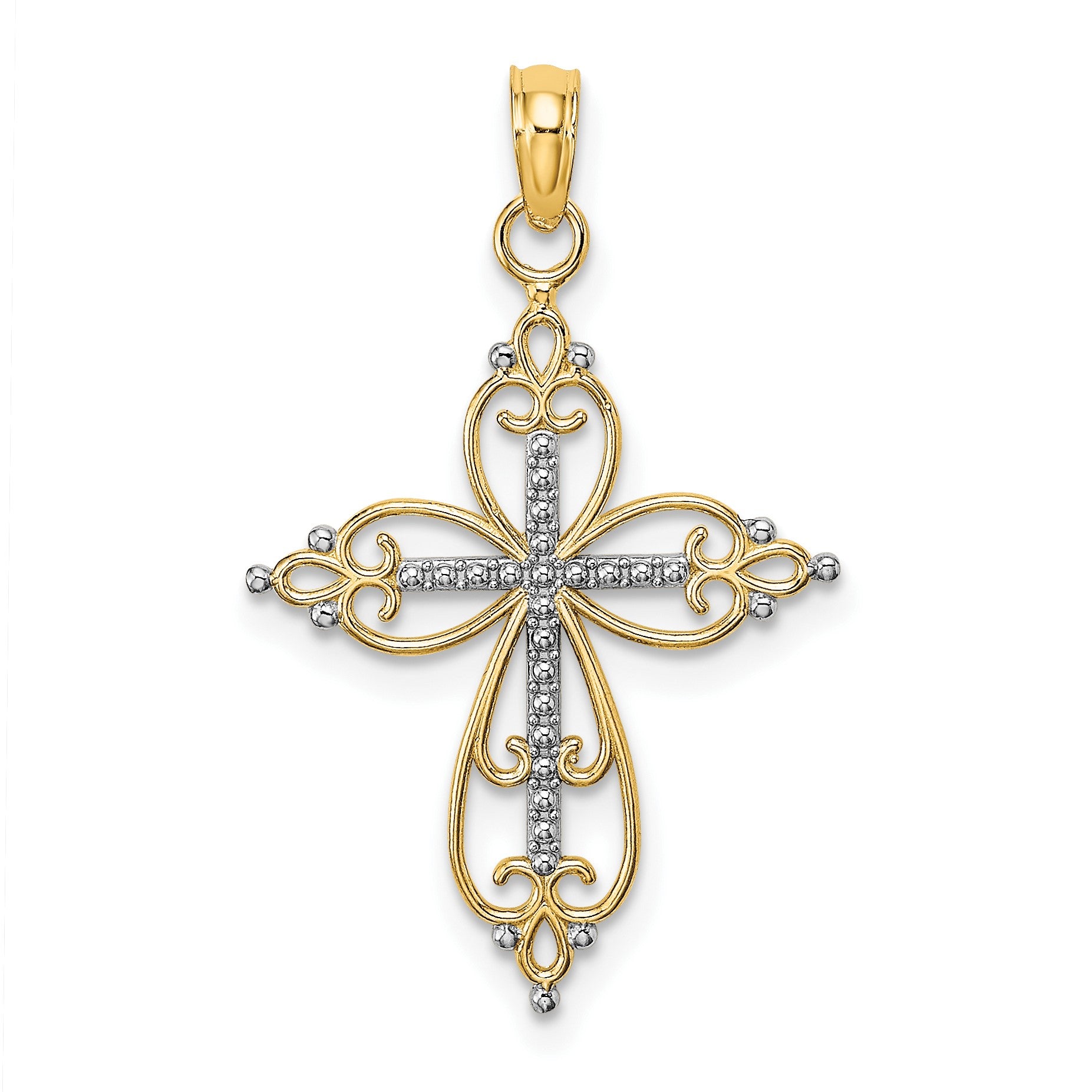 14K with White Rhodium Beaded Cross Charm