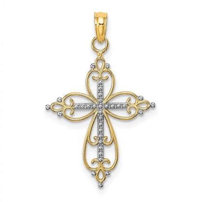14K with White Rhodium Beaded Cross Charm