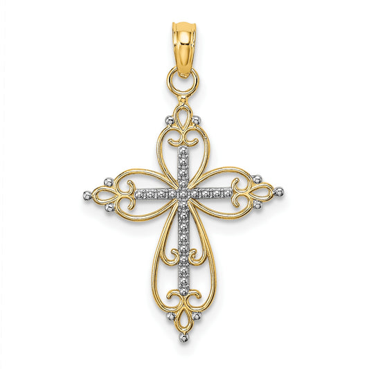 14K with White Rhodium Beaded Cross Charm