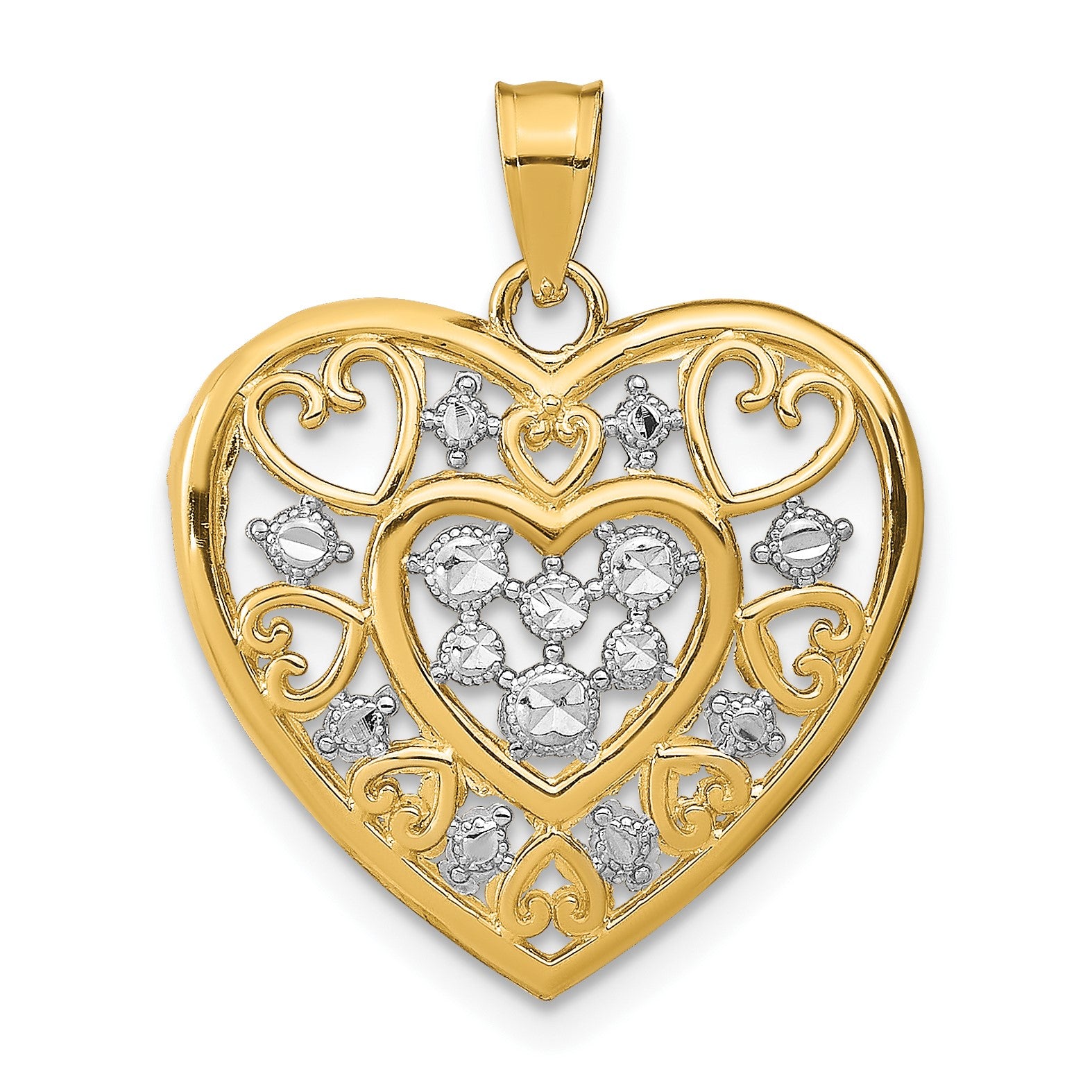 14k and White Rhodium Cut-Out Filigree Heart Charm