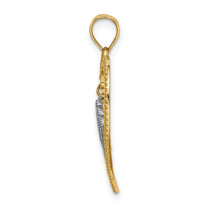 14k and White Rhodium Beaded Heart with Dangling Crown Charm