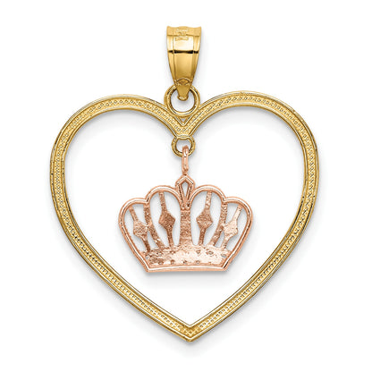 14k and White Rhodium Beaded Heart with Dangling Crown Charm