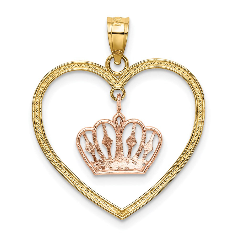 14k& White Rhodium Beaded Heart w/ Dangling Crown Charm